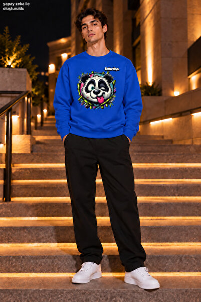 caddekombin Men's Crazy Panda Figured and Bamboo Detailed Crew Neck Casual Re...