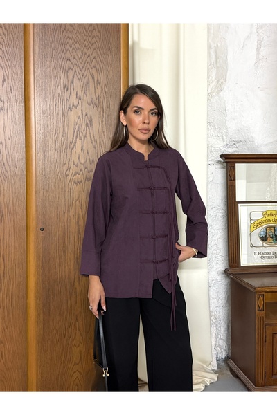 Hatun Atila Suede Flowy Shirt with Birit Tie Front 0168 - Plum