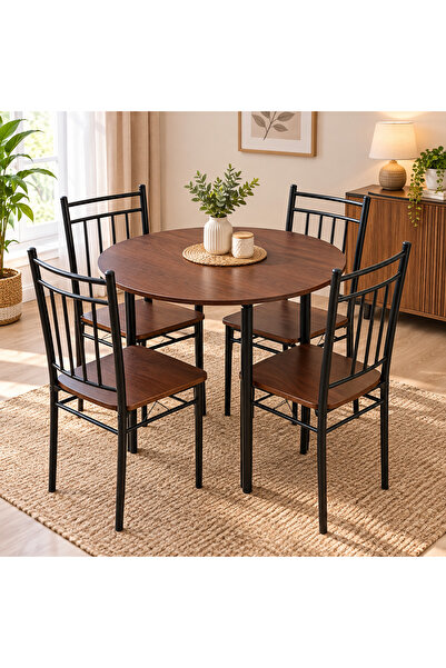 The Living Modern Round Dining Table Set with 4 Wood & Metal Chairs | Contemp...
