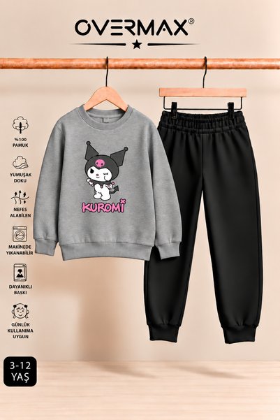 OVERMAX Kuromi Printed Girls' Hoodless Sweatshirt & Sweatpants Set - Ages 3-12