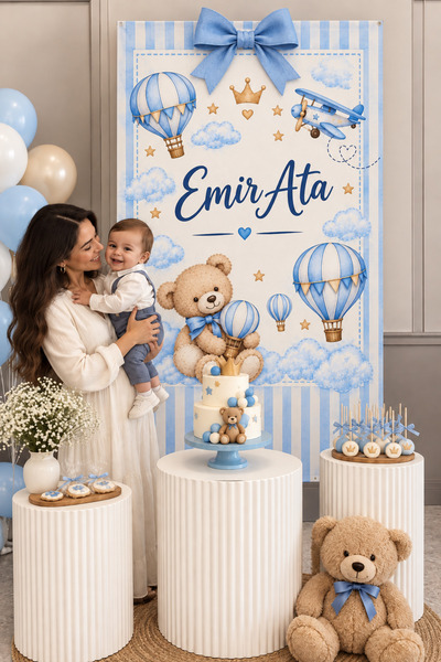 toreksan reklam Kişiye Özel Erkek Bebek Doğum Günü Brandası 100x150 cm – Ayıc...