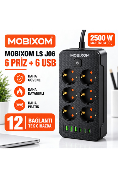 mobixom LS J06 2500W Dikey Akım Korumalı Çoklu Priz – 6 Priz, 3 USB-A, 3 USB-...