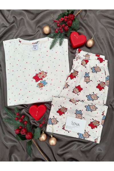Lena Homewears Σετ πιτζάμες με λαιμόκοψη ποδηλάτου και σχέδιο Ecru Sleepy Bear