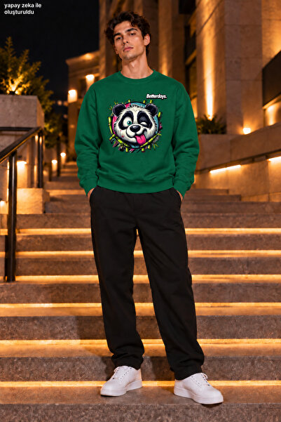 caddekombin Men's Crazy Panda Figured and Bamboo Detailed Crew Neck Casual Re...