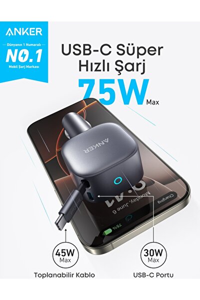 Anker Nano Car 75Watt USB-C Port Araç İçi Turbo Hızlı Şarj Cihazı Siyah Renk