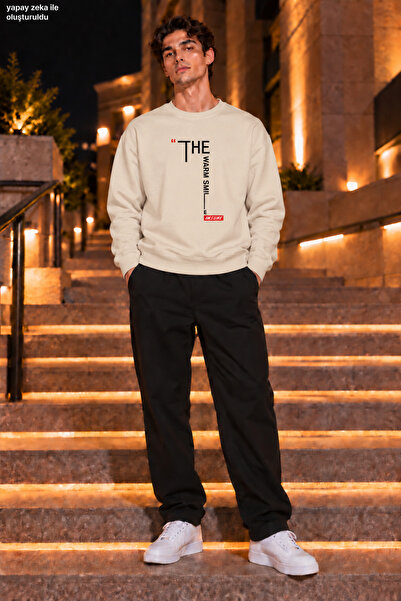 caddekombin Men's the Warm Smile Written and Red Label Detailed Crew Neck Cas...