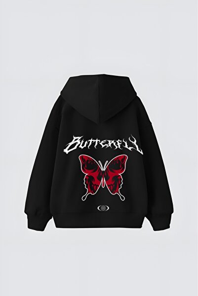 LADY HAZAL Black Unisex Dark Butterfly Printed Hooded Oversize Patterned Fabr...