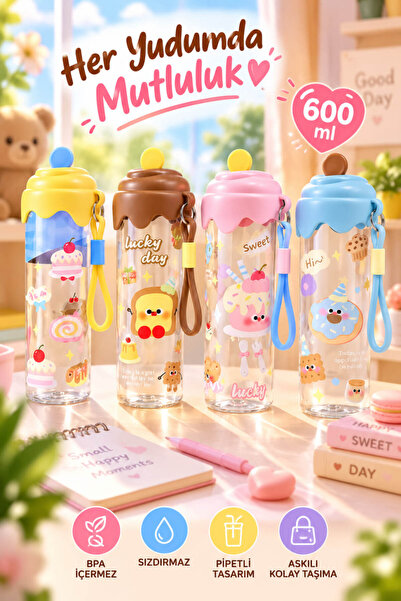House Bird 600 ml Kawaii Children's Water Bottle with Straw – Bpa-Free, Leak-...