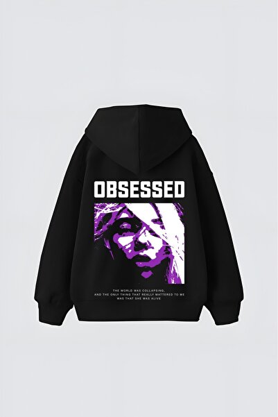 LADY HAZAL Black Unisex Obsessed Printed Hooded Oversize Patterned Fabric Spo...