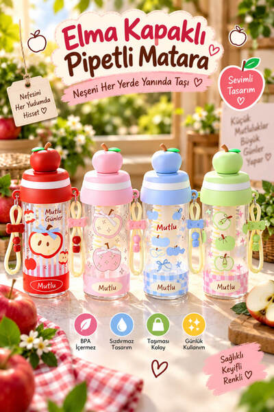 House Bird 650ml Detoks Elma Kapaklı Pipetli Matara Fiyonk Askılı Sızdırmaz S...