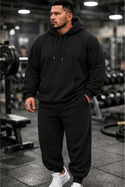 dont quıt Plus Size Black Hooded Tracksuit Set Plain Basic