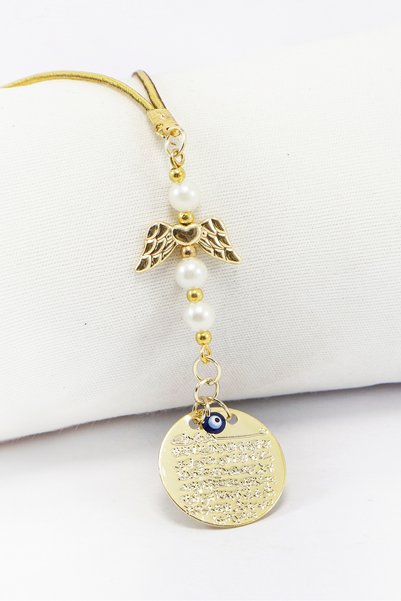 biuti İncili Melek Kanatlı Kalpli Gold Renkli Küçük Ayetel Kürsi Dualı Dikiz ...
