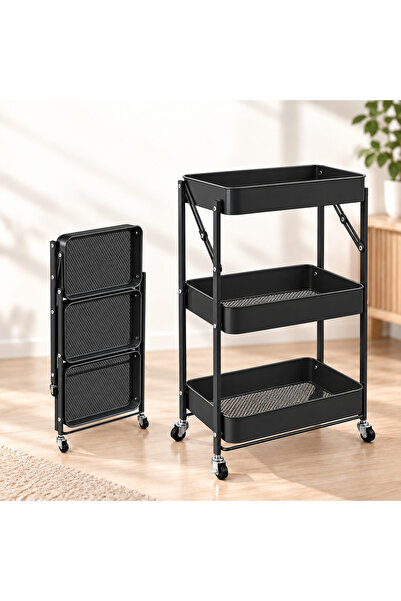 Gogoya 3-Tier Foldable Rolling Storage Trolley Cart with Lockable Wheels, Mul...