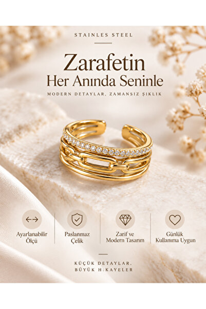 Taşlı Zincir Detaylı Ayarlanabilir Kadın Yüzük Altın Renk Paslanmaz Çelik Modern Yüzük