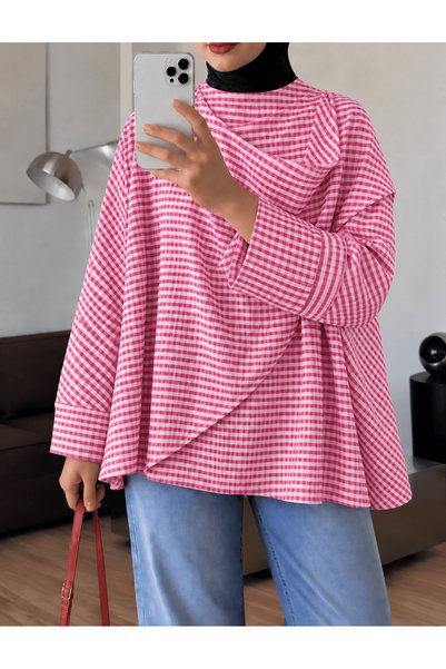Hepsi Moda بلوزة مخططة بتفاصيل ياقة شال - فوشيا