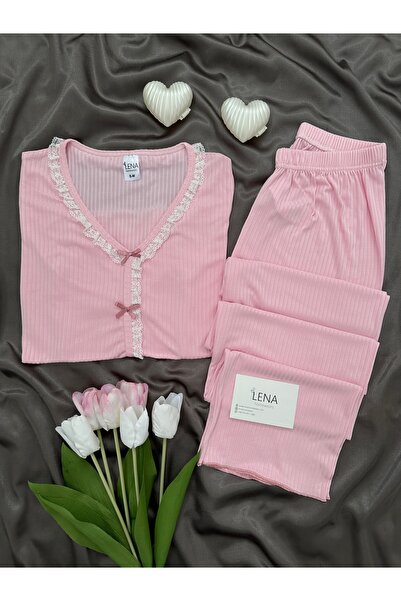 Lena Homewears Pembe Dantel Detaylı Uzun Kollu Berlin Pijama Takımı