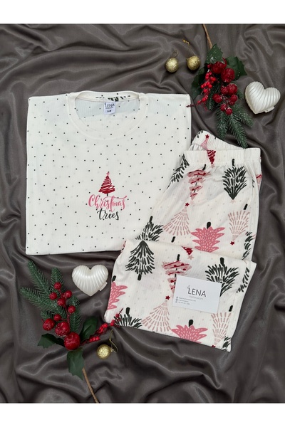 Lena Homewears Σετ πιτζάμες με σχέδιο χριστουγεννιάτικου δέντρου σε χρώμα εκρού