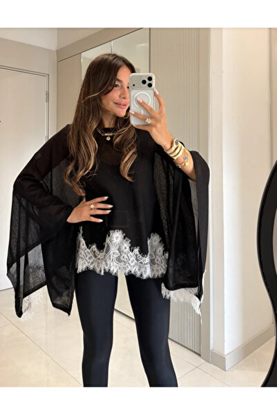Perry Boutique Lace Detailed Transparent Mercerized Cape Poncho