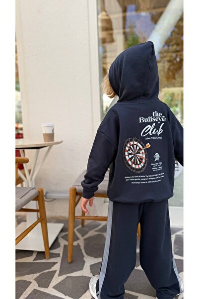 Milo Sol Milo+Sol Çocuk Lacivert Oversize Kapüşonlu Şeritli Eşofman Takımı %100 Pamuk