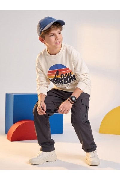 Zekids Erkek Çocuk Yazı ve Çizgi Baskılı Bisiklet Yaka Sweatshirt