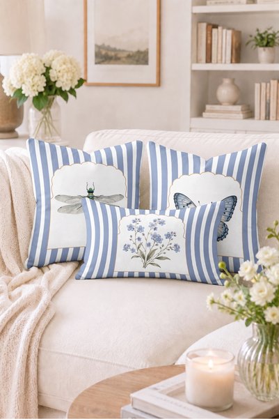 Home Yusufçuk Kelebek ve Çiçek Motifli Çizgili Dekoratif Kırlent Kılıfı - 3'l...