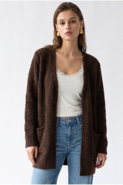 Mixray 7069 Kadın Buklet Dokulu Cepli Oversize Triko Hırka Kahve