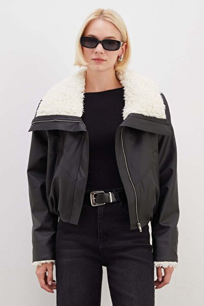 Fulla Moda Faux Leather Bomber Coat with Fur Sleeves and Collar