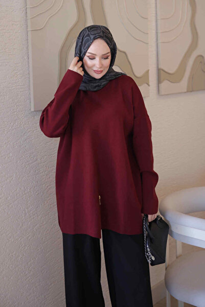 İmajButik Bordo Corsman Fermuar Detaylı Salaş Triko Tunik