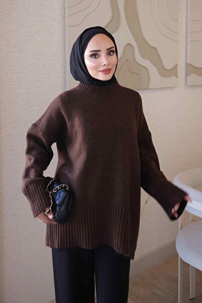İmajButik سترة تريكو شادورون كبيرة الحجم ذات ياقة دائرية باللون البني