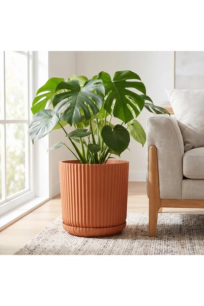SERİNOVA Lotus Tabaklı Saksı 3 NO 10,5 L Kayısı Turuncu Bütünleşik Tabaklı UV...