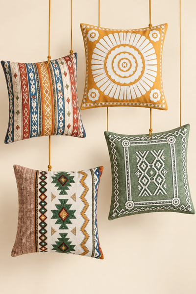 Decomia Home Çift Taraflı Etnik Desenli 4'lü Kırlent Kılıfı Seti (43x43 cm)