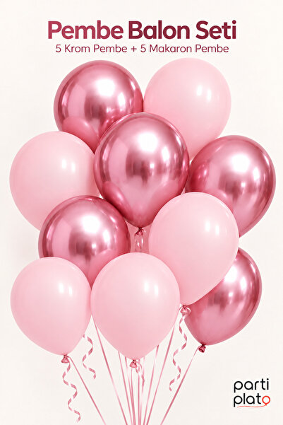Marlon Balon Krom Pembe ve Makaron Pembe Balon Seti 10’lu Doğum Günü Baby Sho...