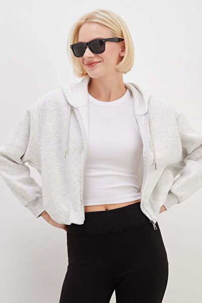 Fulla Moda 3 Thread Zipper Hooded Bat Sleeve Crop Sweatshirt