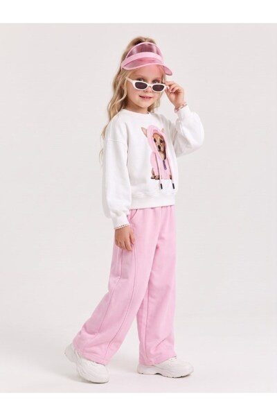 Zekids Kız Çocuk Köpek Baskılı Sweatshirt ve Bol Paça Eşofman Takımı
