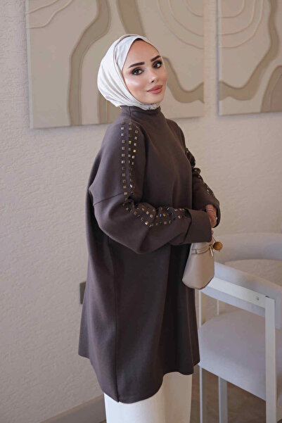 İmajButik Brown Corsman Layered Shoulder Stone Embellished Knitwear Tunic