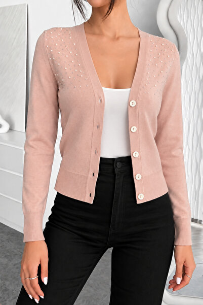 hanope Women's V-Neck Pearl and Stone Powder Knitwear Cardigan