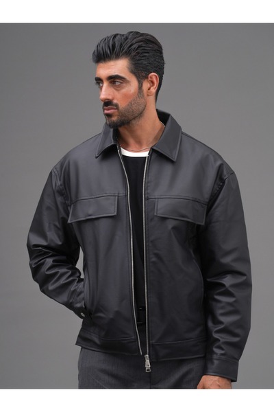 Erkek Oversize Premium Deri Görünümlü Kapaklı Cep Detaylı Fermuarlı Ceket