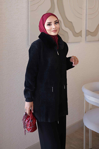 İmajButik Black Soft Fur Collared Angora Knitwear Cardigan