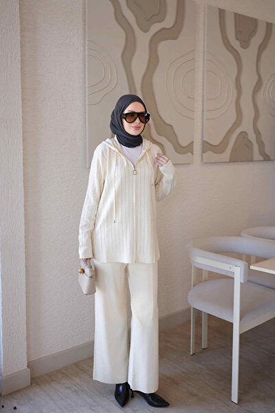 İmajButik Krem Kapüşonlu Tunik Pantolonlu Taşlı Triko Takım