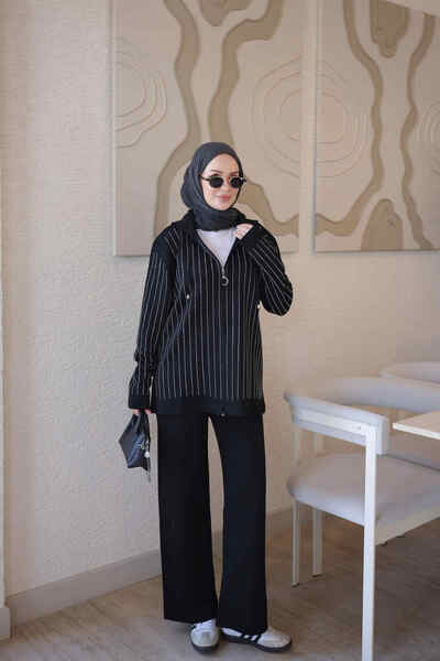 İmajButik Black Hooded Tunic with Pants and Stone Embellishments Knitwear Set