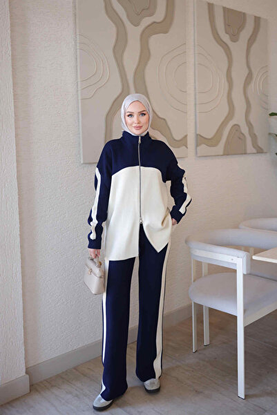 İmajButik Lacivert Renk Bloklu Fermuarlı Hırka Pantolonlu Triko Takım