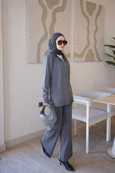 İmajButik Füme Kapüşonlu Tunik Pantolonlu Taşlı Triko Takım