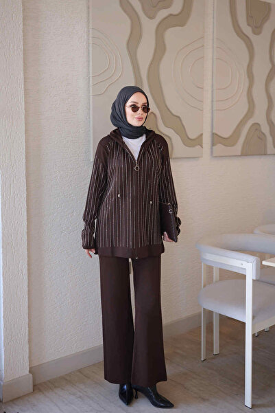 İmajButik Brown Hooded Tunic and Pants Stoned Knitwear Set