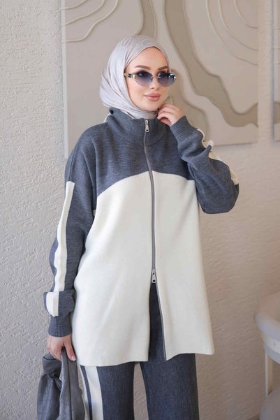 İmajButik Smoked Color Block Zippered Cardigan and Trousers Knitwear Set