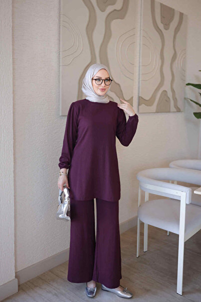 İmajButik Mürdüm Bürümcük Tunik Pantolonlu Takım