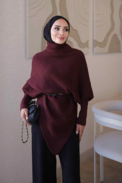 İmajButik Burgundy Asymmetrical Cut Belted Soft Knit Sweater