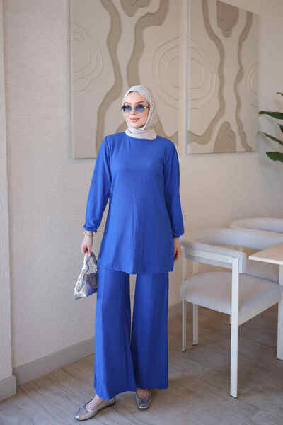 İmajButik Saks Mavi Bürümcük Tunik Pantolonlu Takım