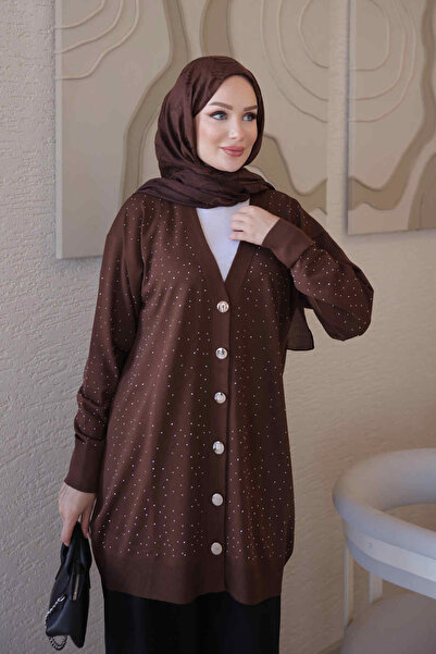İmajButik Brown Cold Yarn Stoned Mercerized Knitwear Cardigan