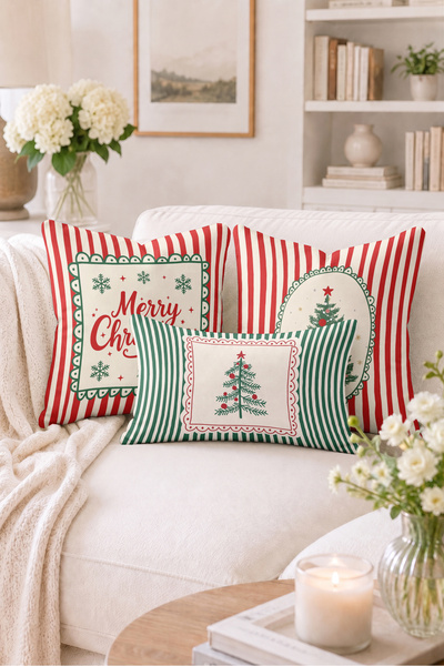 Home Merry Christmas Yazılı Çam Ağacı ve Kar Tanesi Desenli Yılbaşı Kırlent K...