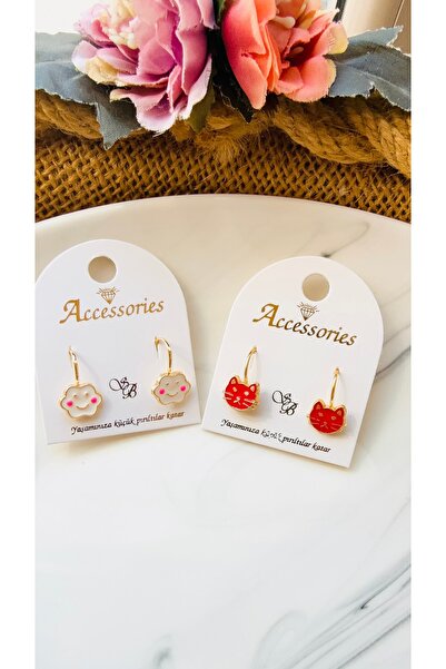 Yeşim Aksesuar Cat and cloud children's earring set, 2-piece cat and cloud de...